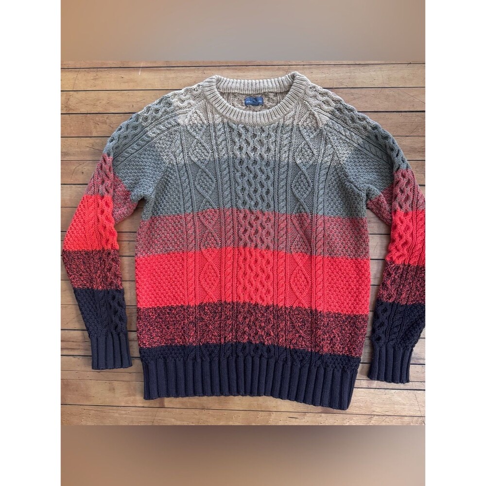 L.L. Bean Signature Cotton Knit Sweater stripe Crewneck L Orange tan green